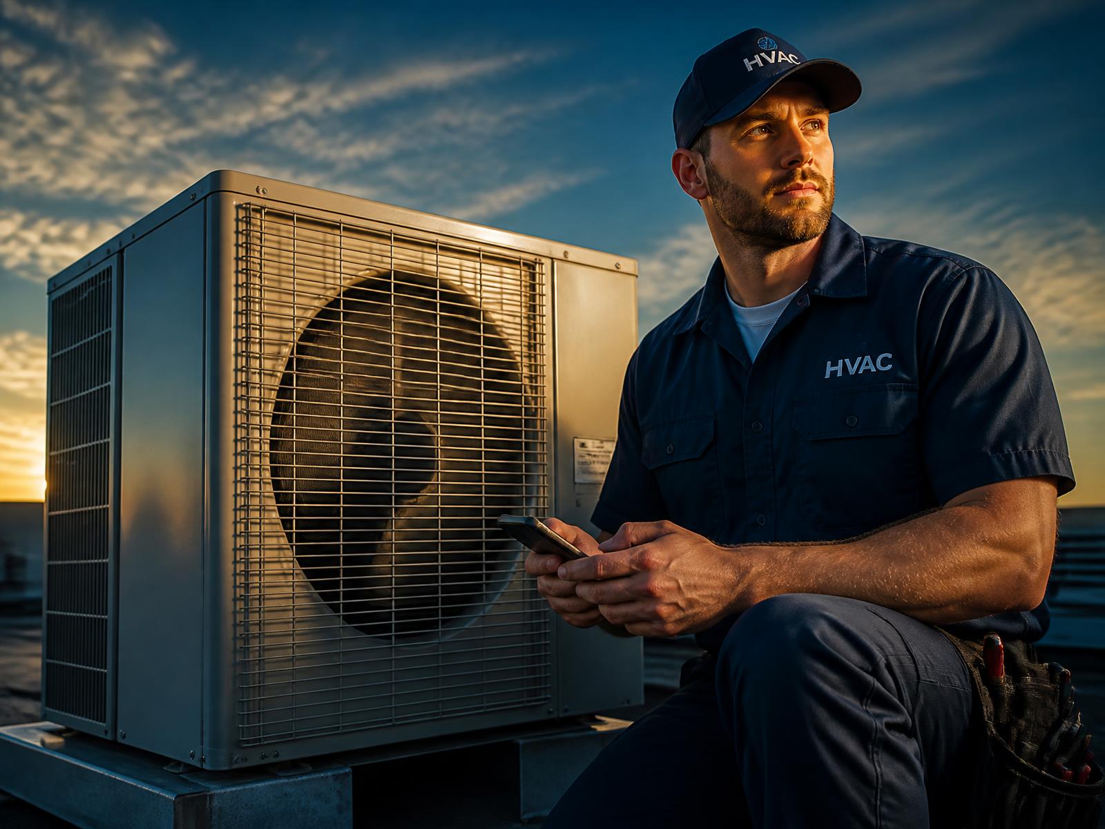HVAC technician checking his phone beside a rooftop condenser unit at sunset